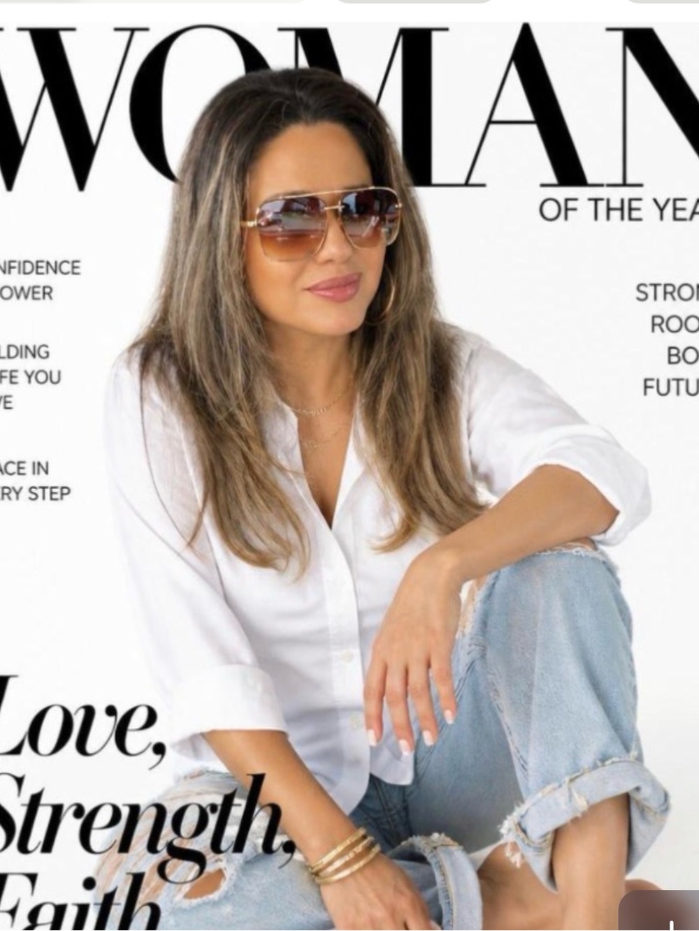 White Button-Up Shirt with Aviator Sunglasses